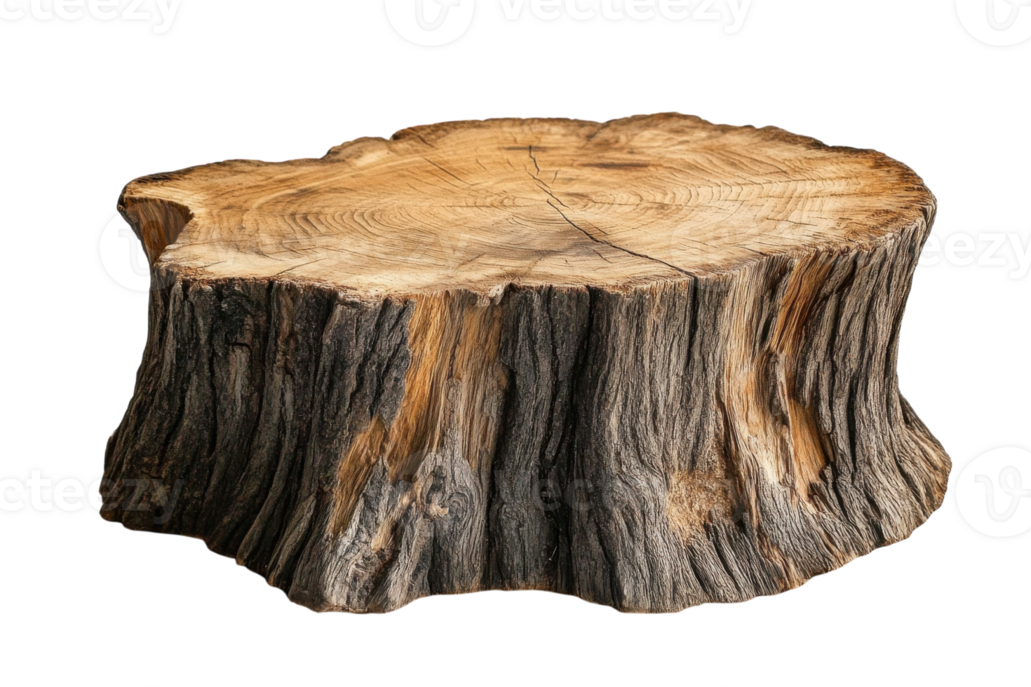 Sturdy wooden stump with natural grain patterns resting on a white background in a studio setting png