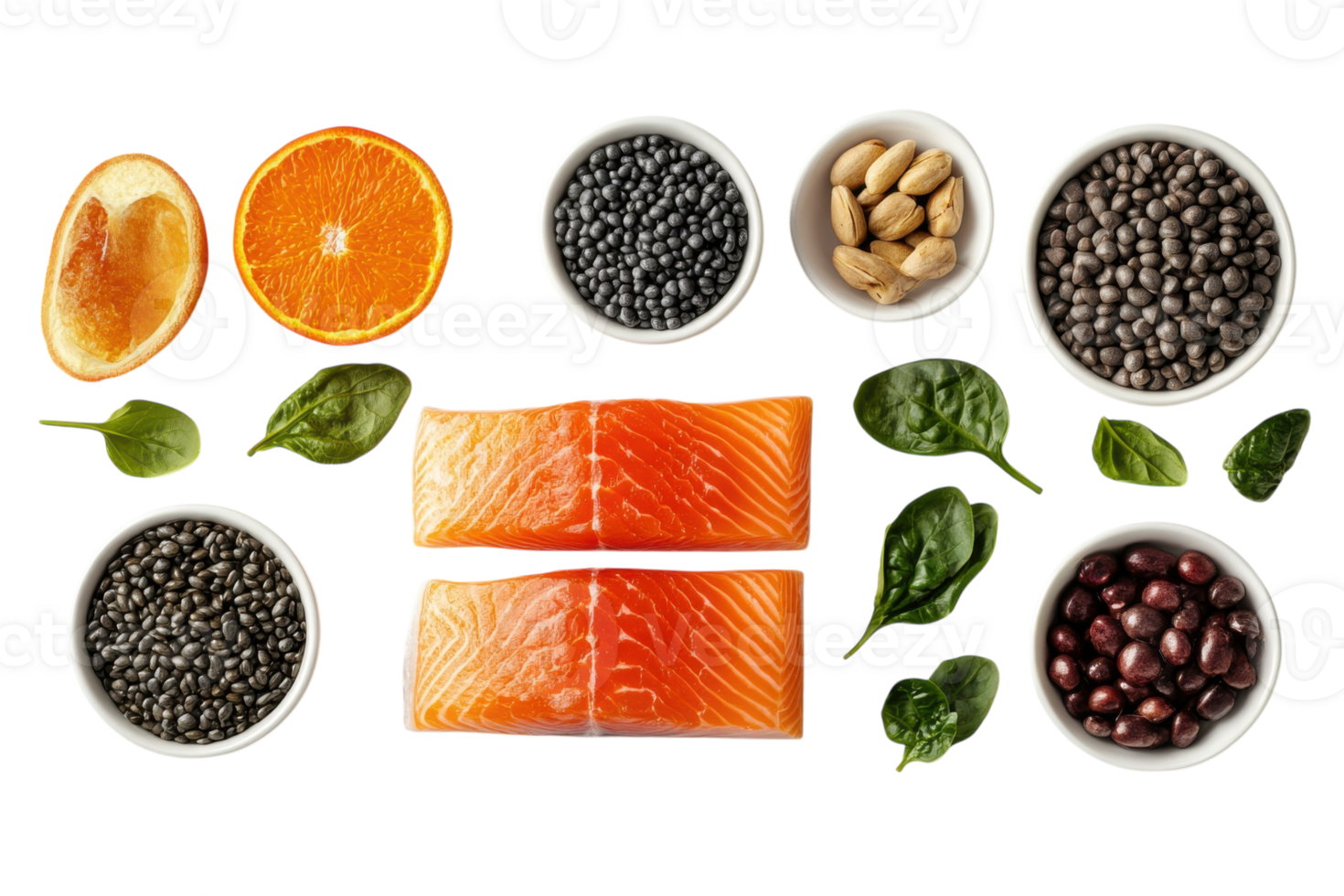 Fresh salmon fillets arranged with nuts, seeds, fruits, and greens on a bright background for healthy meal preparation png