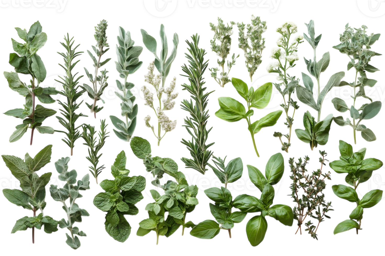 Fresh herbs arranged neatly with various textures and colors displayed for culinary use and flavor enhancement in cooking png