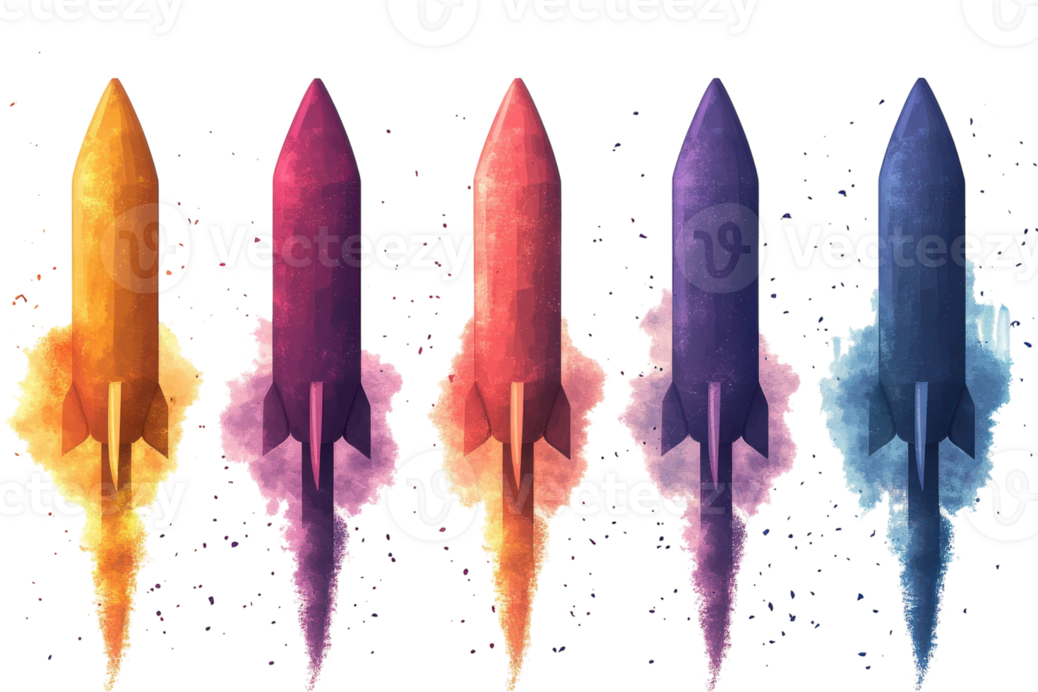 Colorful rockets launching against a gradient background showcasing dynamic motion and energy png