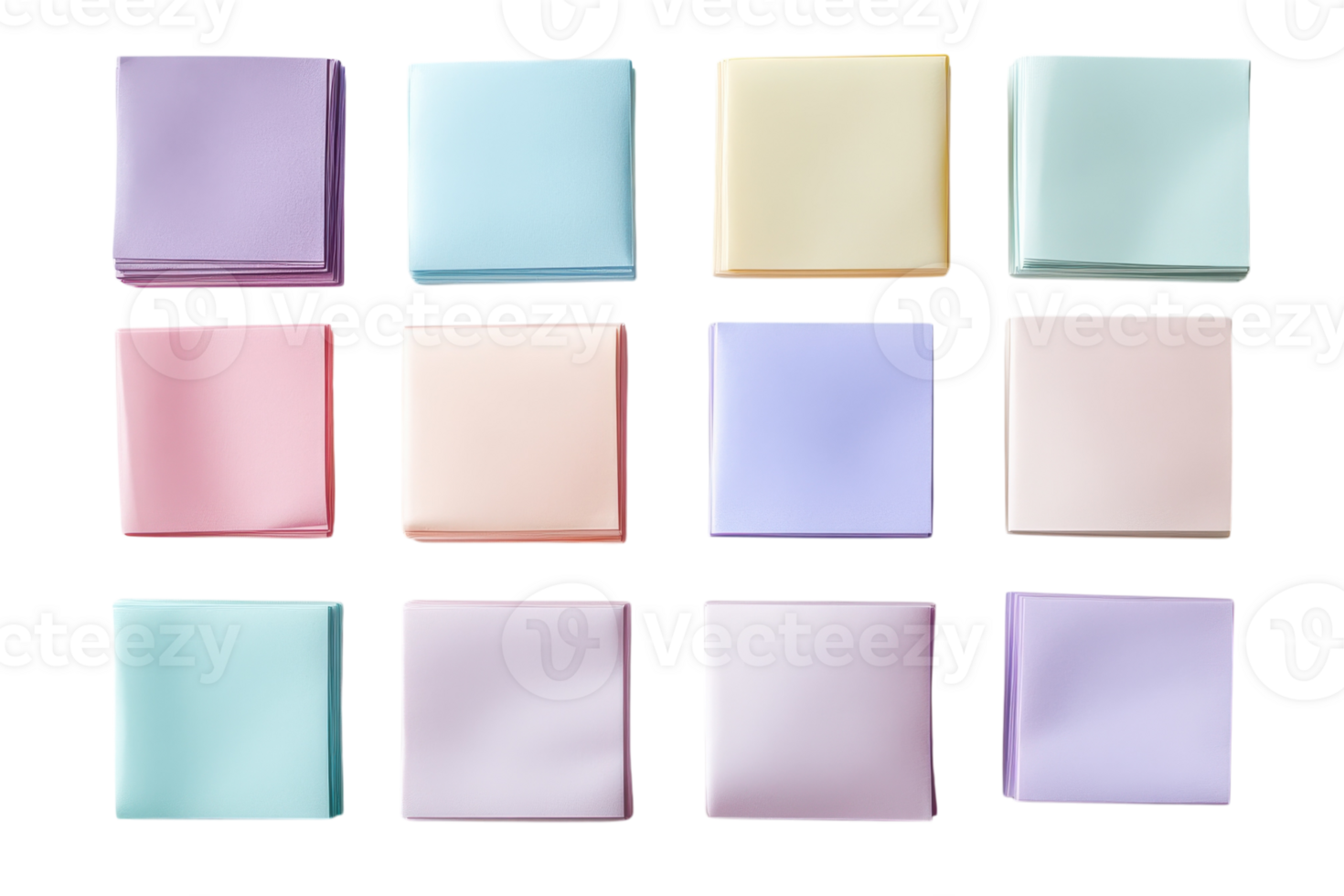 Colorful collection of assorted paper notes arranged in a grid display showcasing pastel hues and smooth textures png