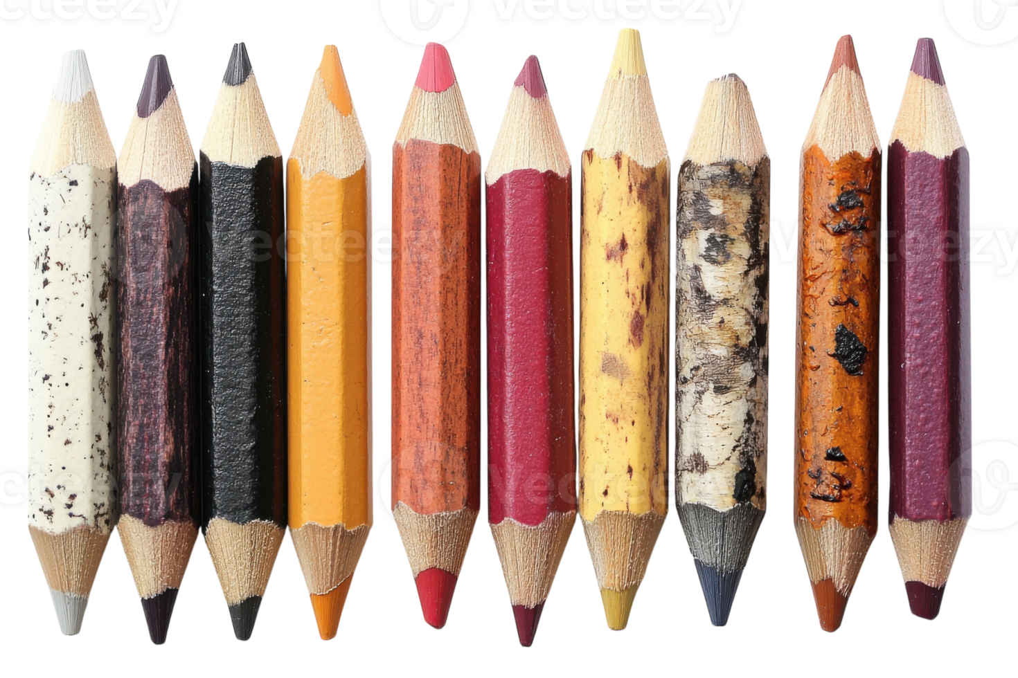 Artistic collection of colorful pencils arranged in a row showcasing various textures and colors for creative projects png