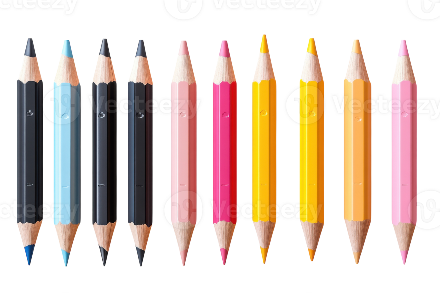 Vibrant colored pencils arranged neatly on a white background, showcasing various hues and designs png