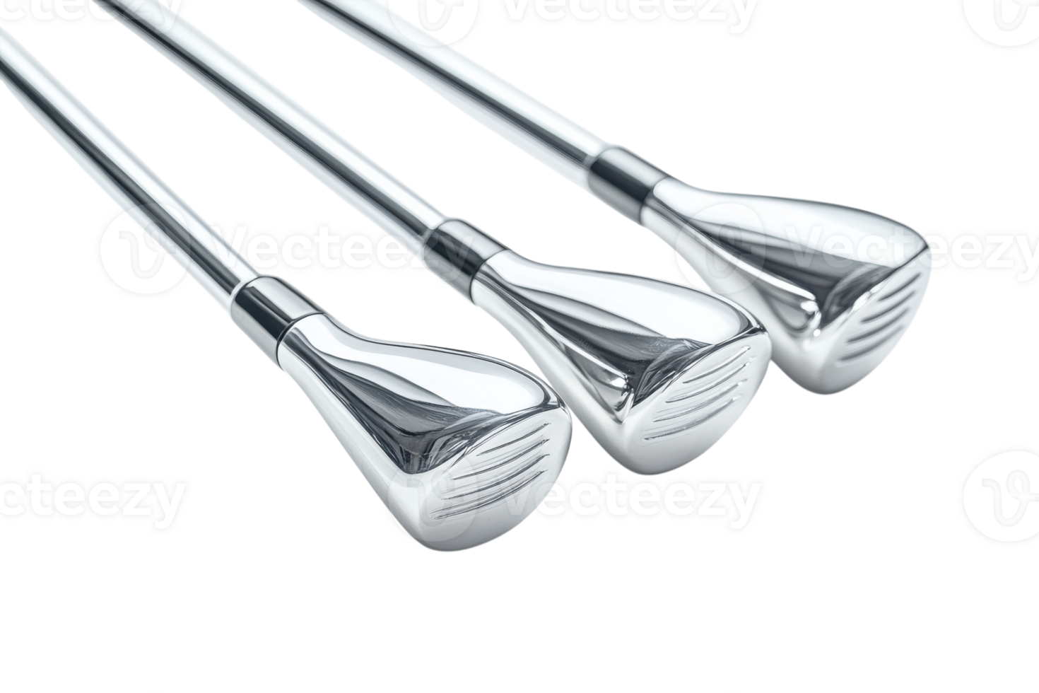 Golf clubs lined up against a simple white background showcasing their polished heads png