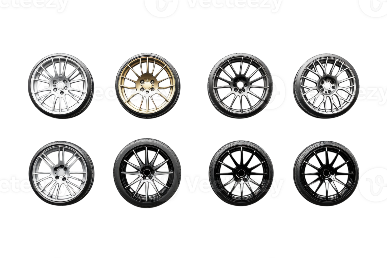 Collection of various car wheels showcasing different designs and finishes png
