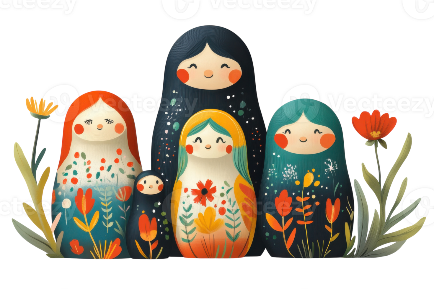 Colorful nesting dolls representing family and nature in a vibrant floral setting png