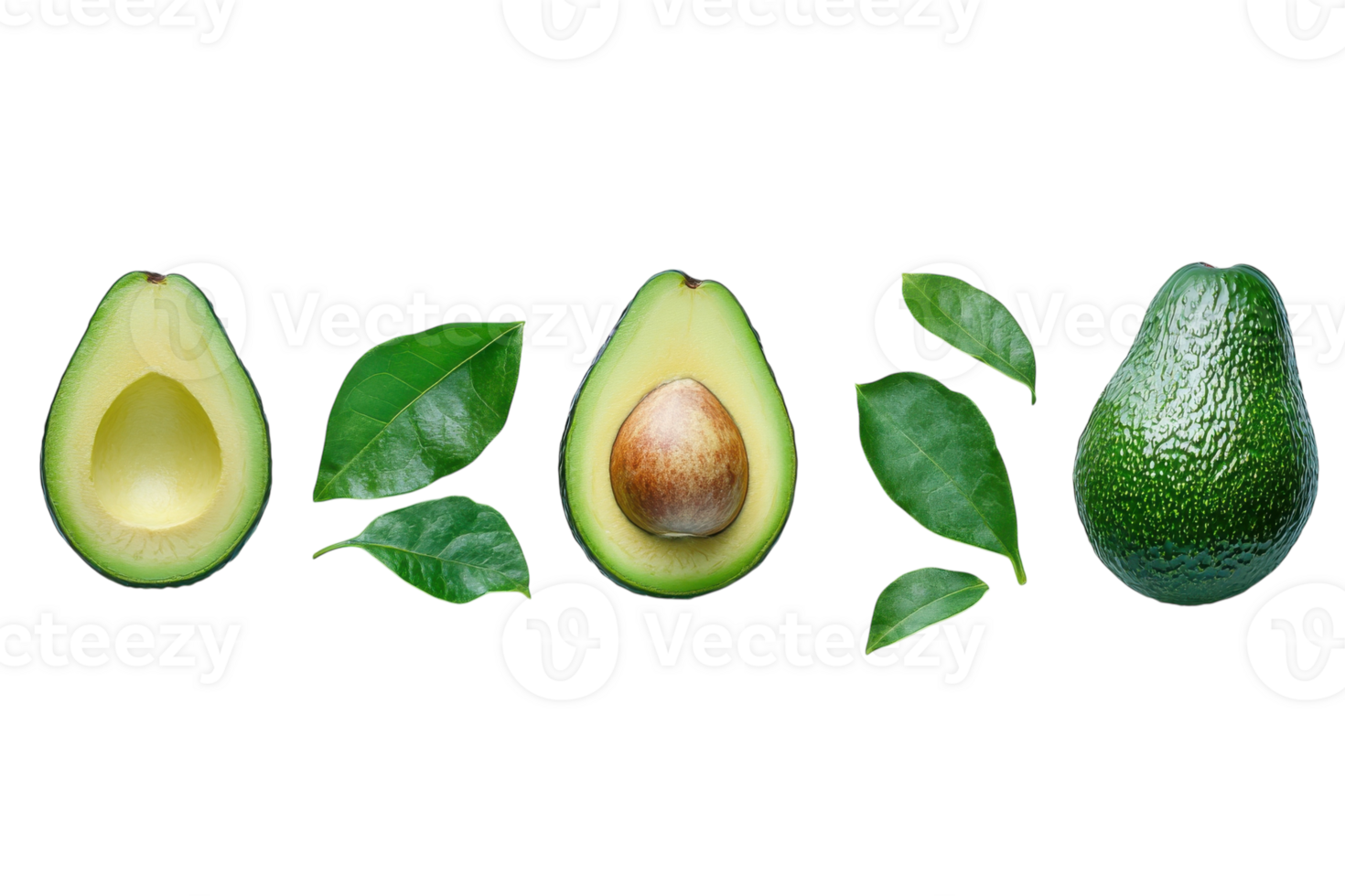 Sliced avocado and leaves showcasing its fresh, nutritious elements on a white background png