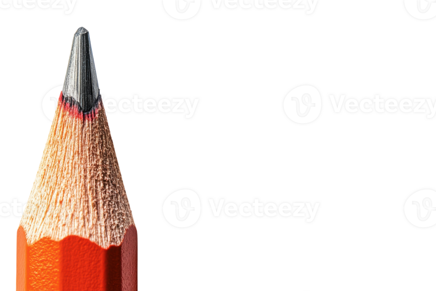Close-up view of a sharpened orange pencil highlighting great detail in the graphite tip and wooden body png