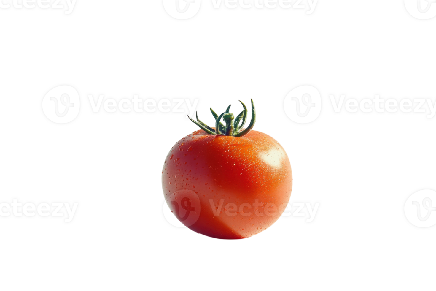 Ripe red tomato placed against a white background with droplets of water glistening on its surface png