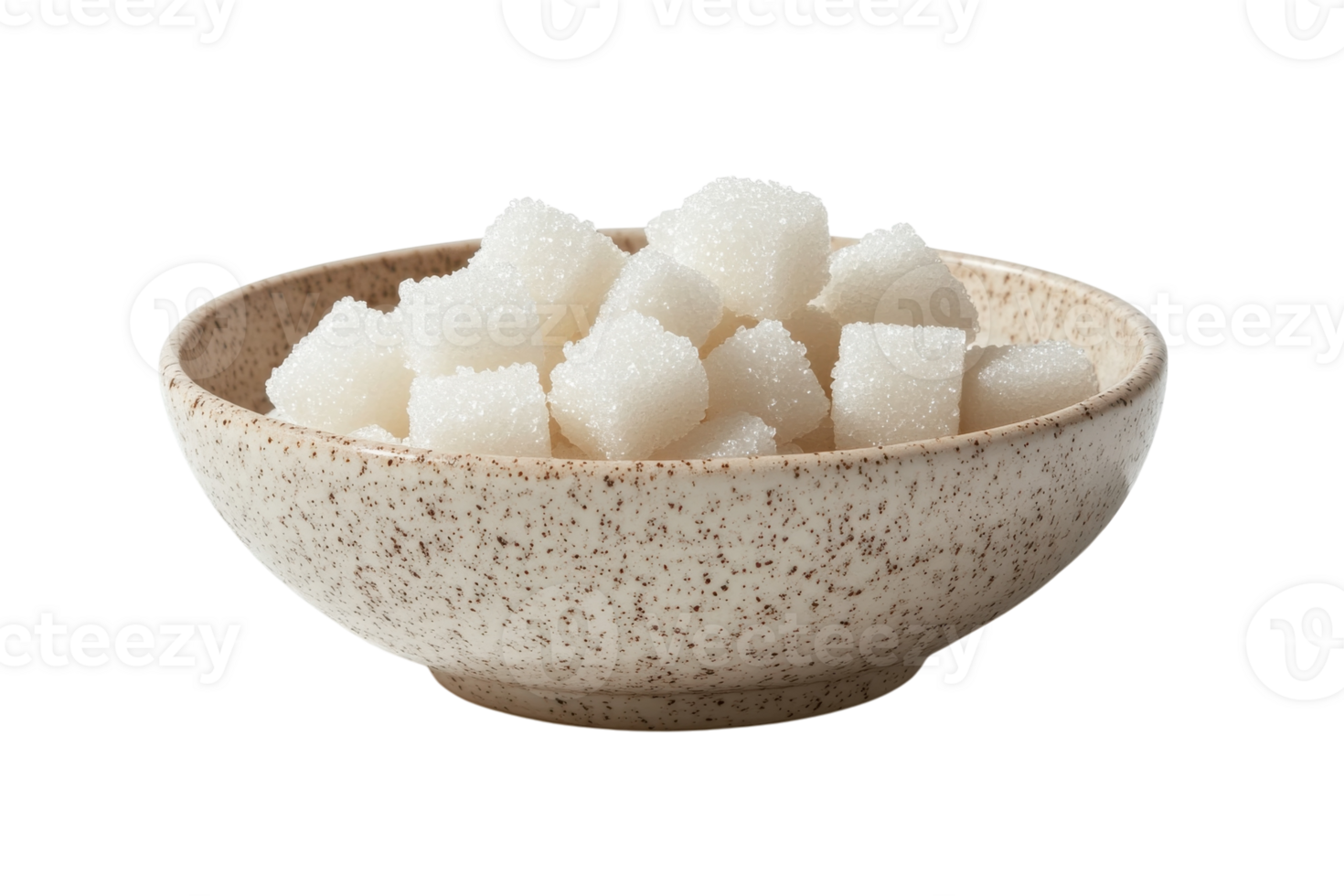Cubes of sugar in a speckled bowl on a kitchen countertop for sweetening beverages and desserts png