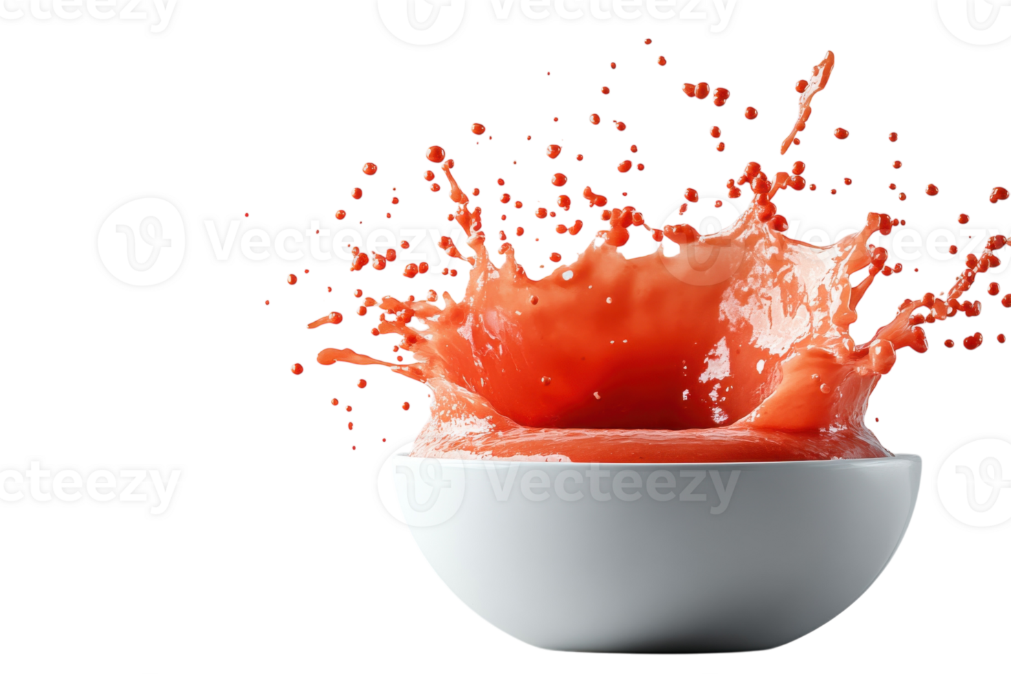Splash of vibrant red sauce erupts from a white bowl during preparation in a kitchen setting png