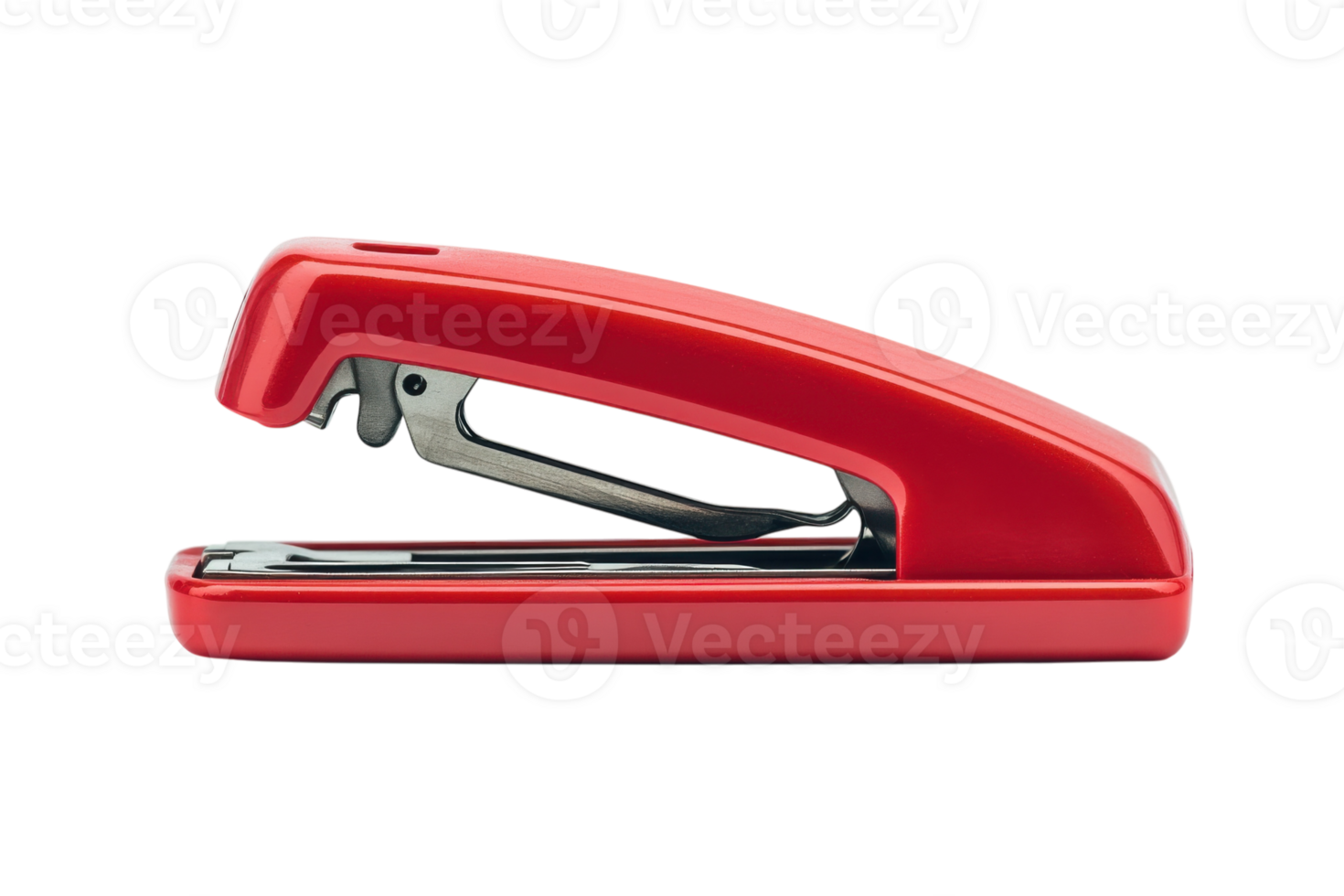 Bright red stapler placed on a clean desk surface perfect for organizing documents in an office environment png