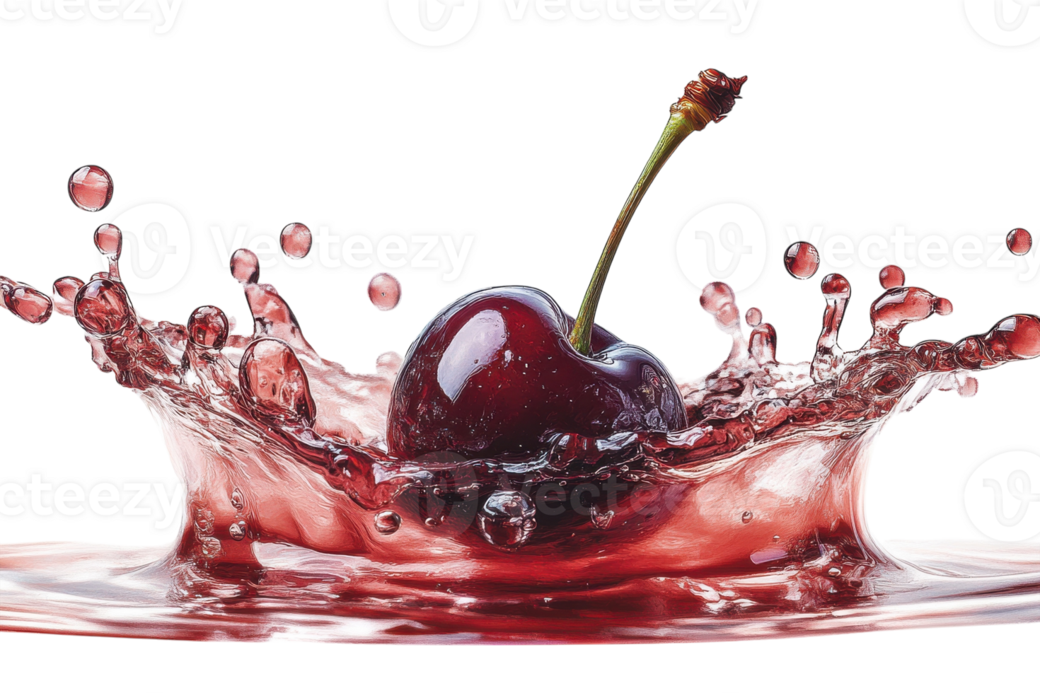 Cherry splashes into red liquid creating dynamic droplets in a bright setting png