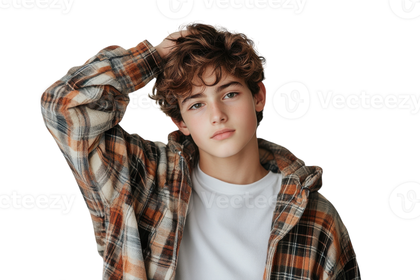 Young male model poses casually in a stylish plaid shirt with a relaxed expression in a studio setting png