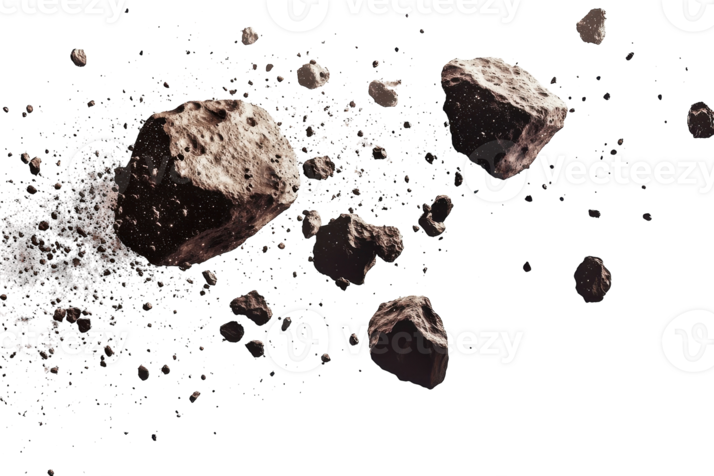Rocks and debris scattered in a dynamic arrangement against a white background png