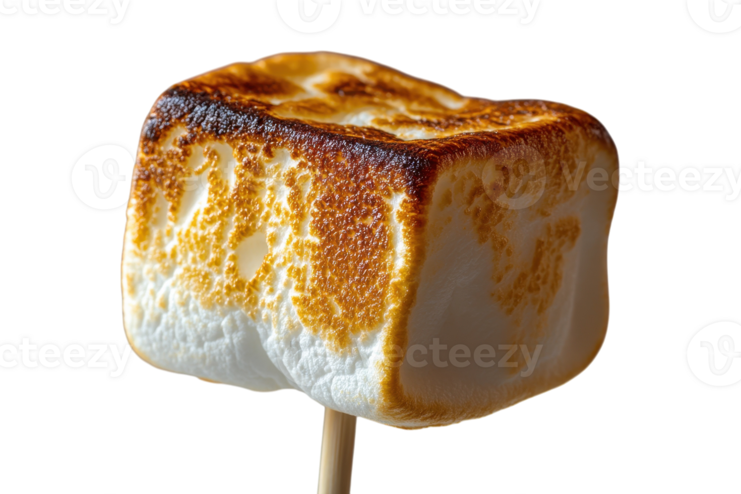 Golden brown marshmallow roasting on a stick over an open flame in a cozy outdoor setting png