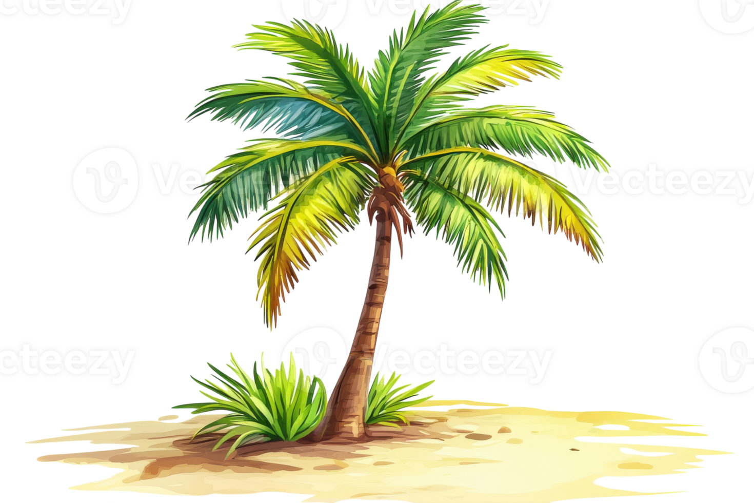 Tall palm tree with vibrant leaves stands on sandy beach with greenery around it during sunny day png