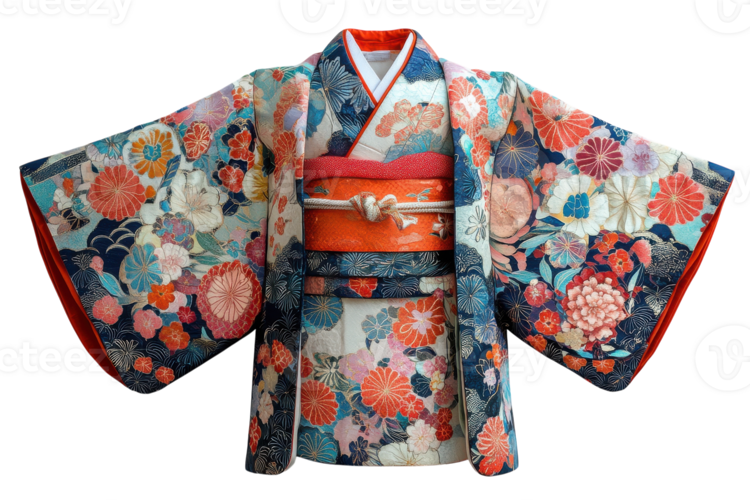Traditional Japanese kimono with vibrant floral patterns displayed in a bright setting png