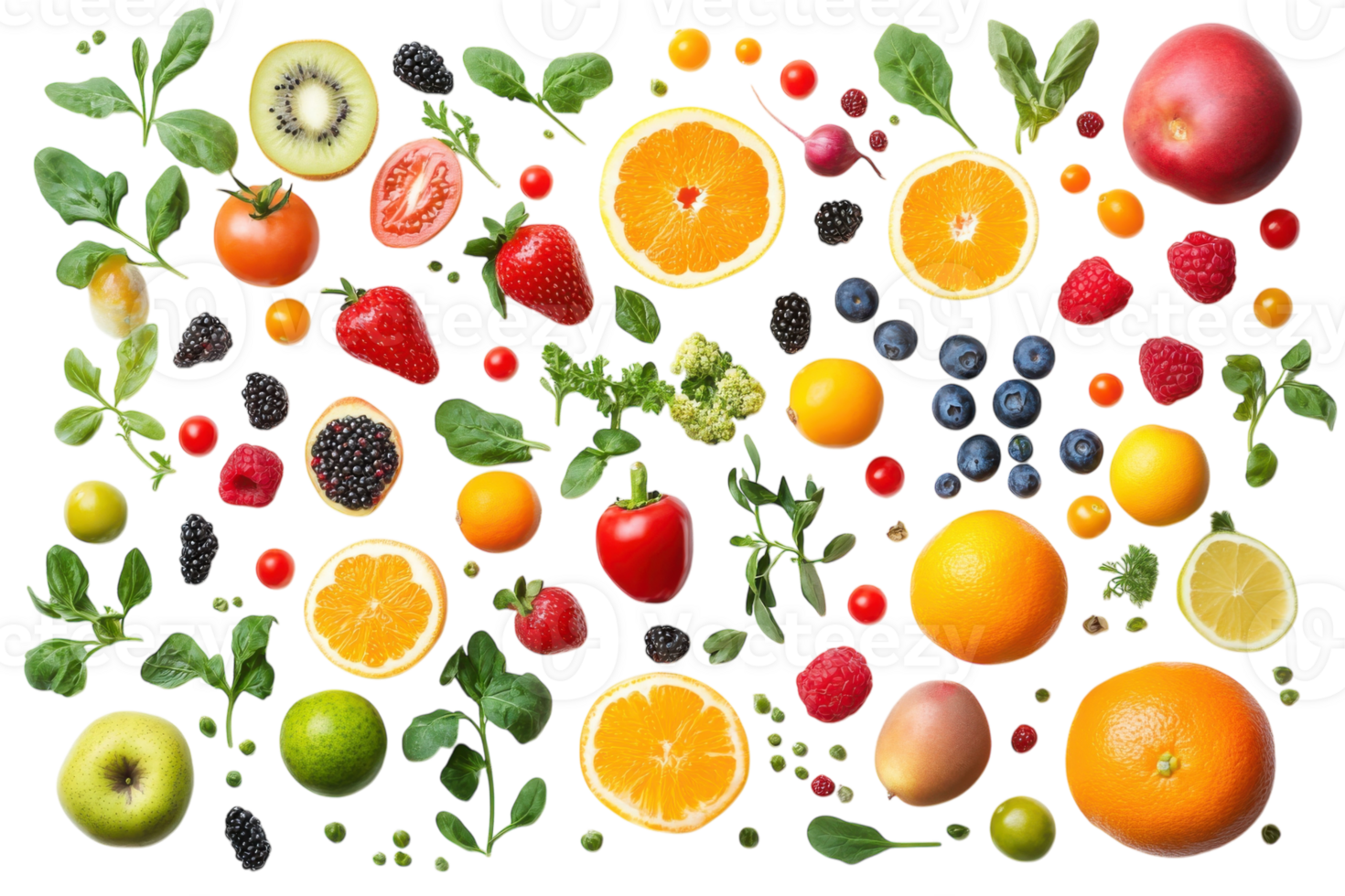 Colorful arrangement of fresh fruits and vegetables on a white surface showcasing health and nutrition png