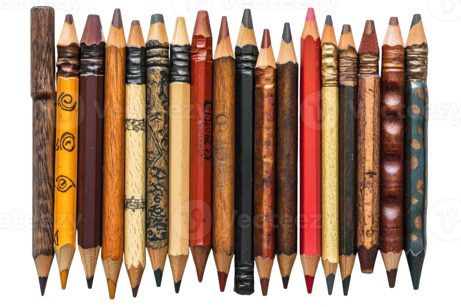Colorful collection of unique art pencils arranged in a creative pattern on a white background png