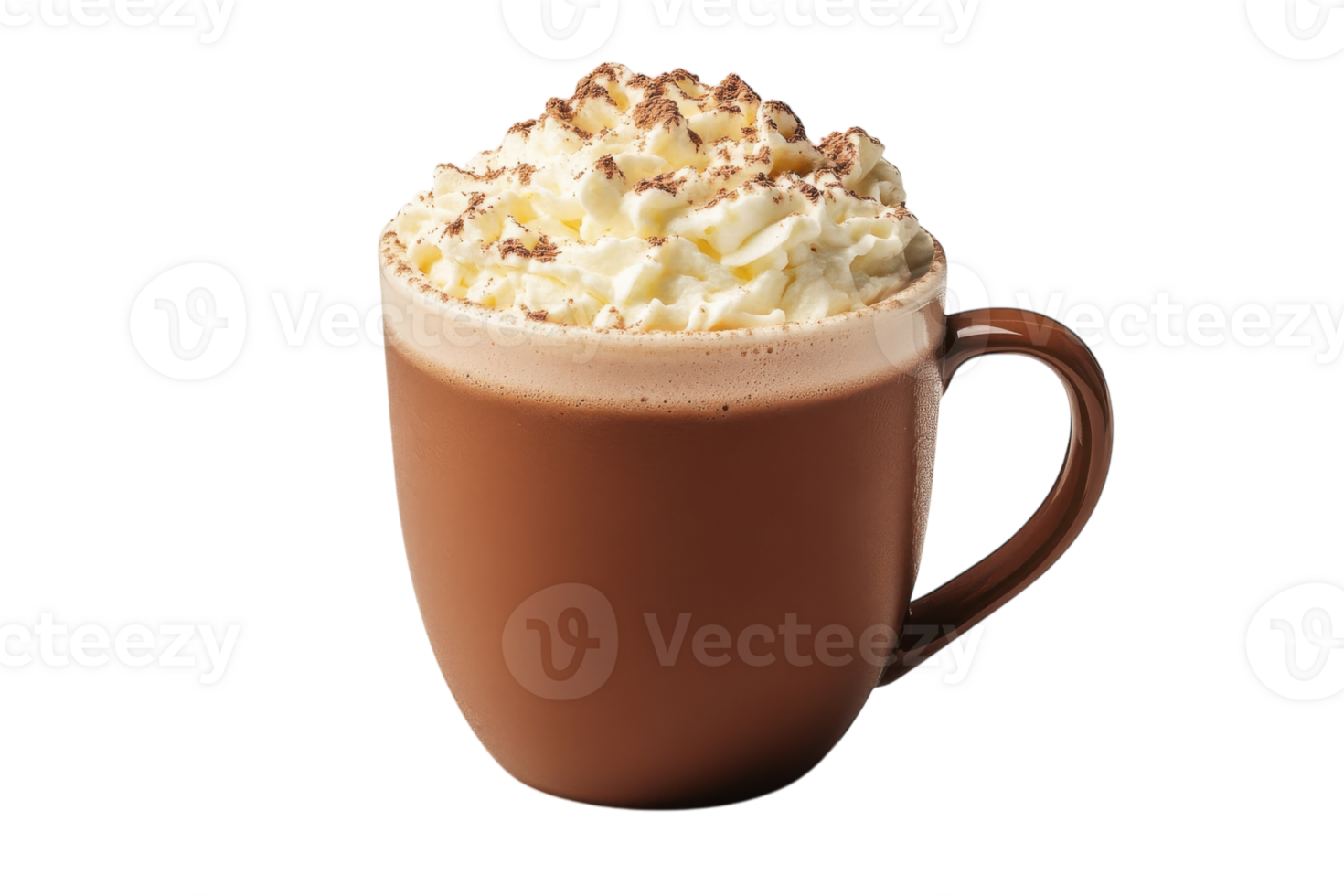 Rich hot chocolate topped with whipped cream and chocolate shavings in a cozy cafe setting png