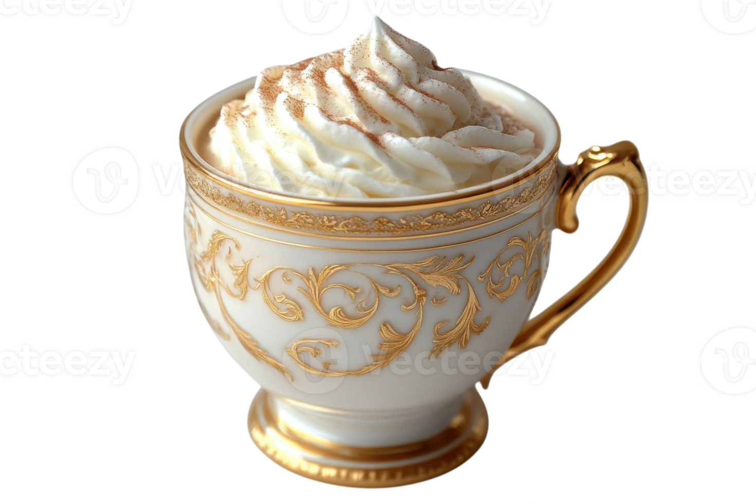 Exquisite cup of hot beverage topped with whipped cream and cocoa in elegant china setting on a bright background png