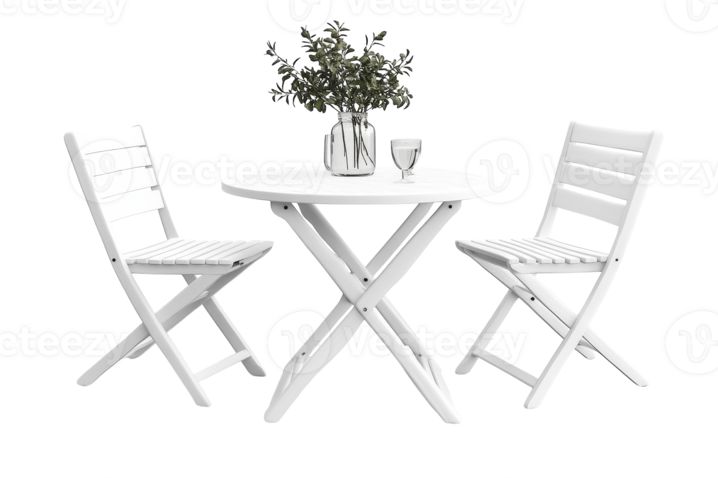 Outdoor dining setup with white tables and chairs featuring a decorative vase and glass in a modern style png
