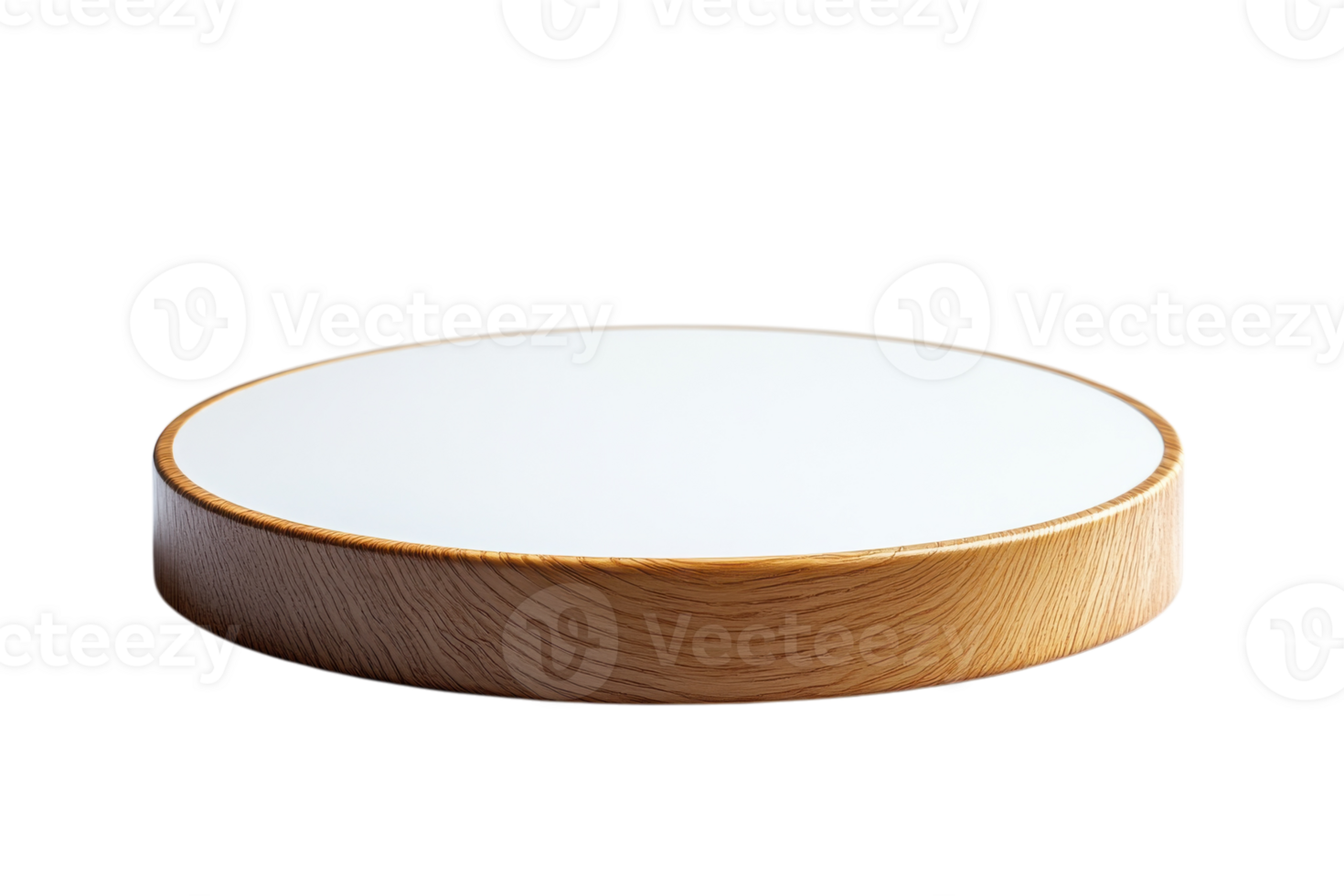 Round wooden display stand with a smooth white surface suitable for showcasing items at various events png
