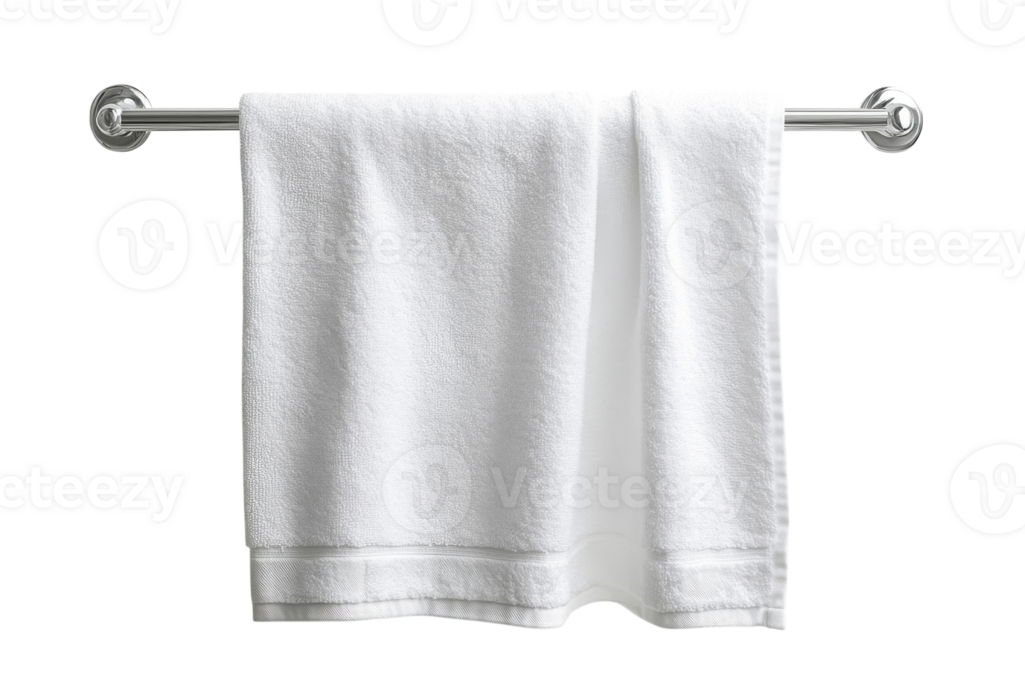 Soft white cotton towel hanging on a silver rack in a bright bathroom setting png