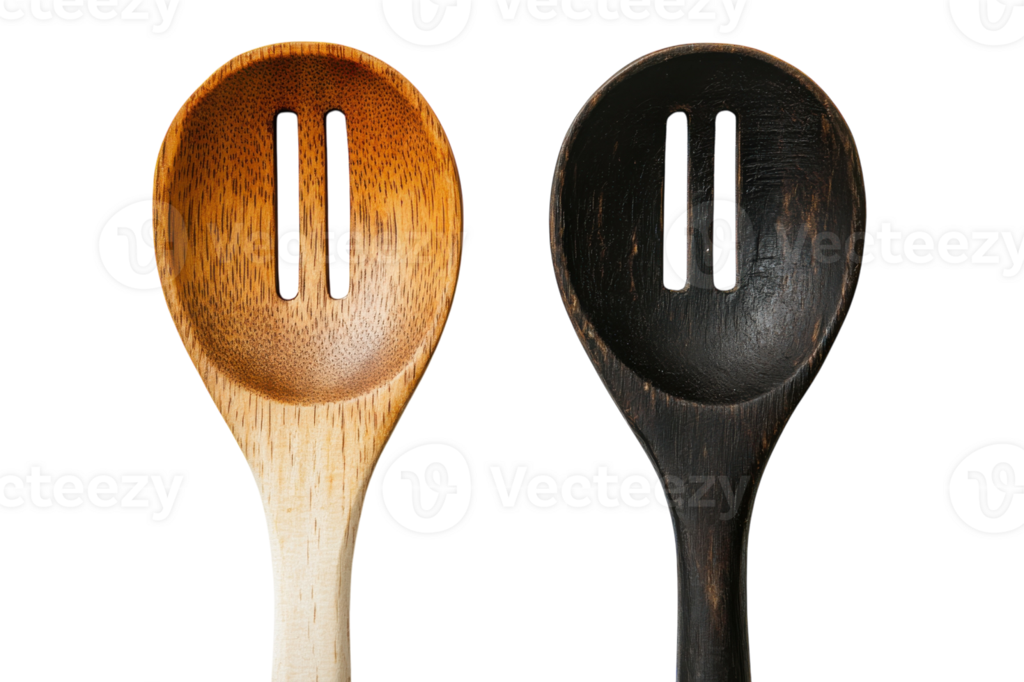 Wooden cooking utensils displayed side by side showcasing different wood finishes and designs in a kitchen setting png