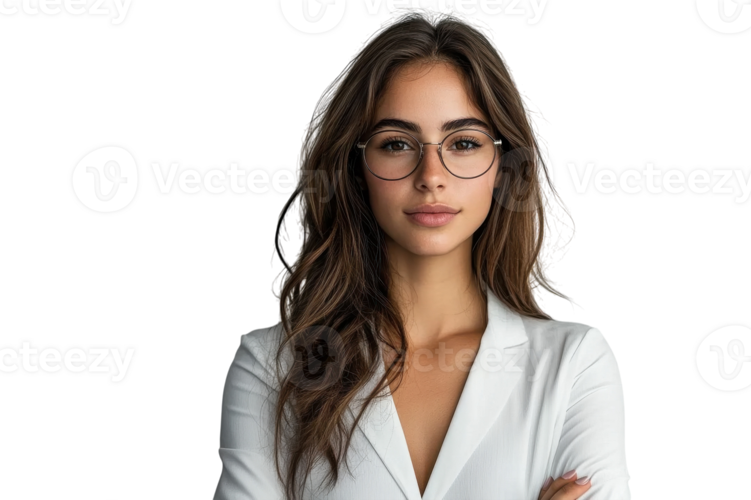 Young woman with glasses poses confidently in a white blazer against a plain background while showcasing a professional appearance png