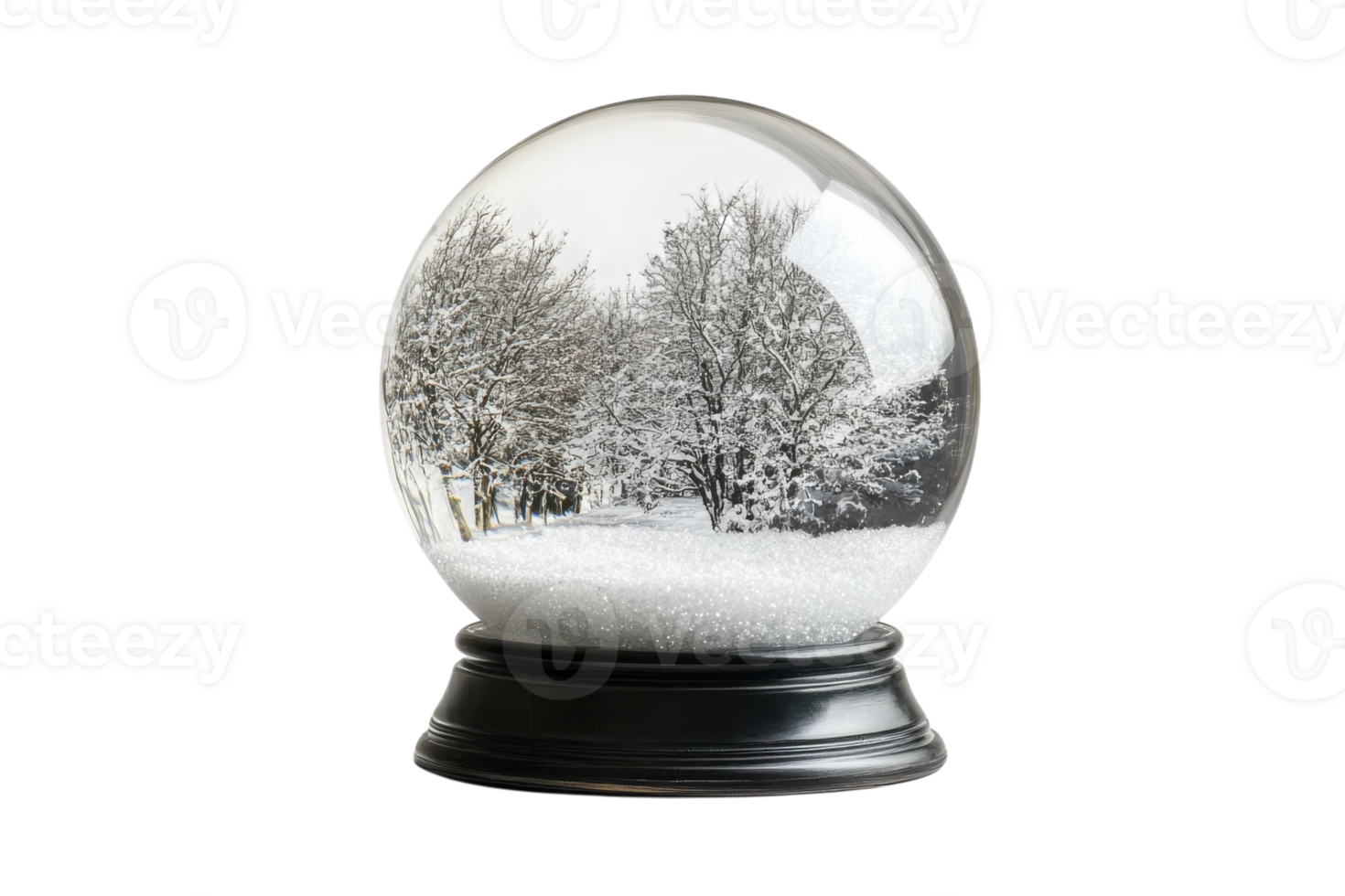 Snow globe capturing a serene winter landscape with trees and snow on a black base png