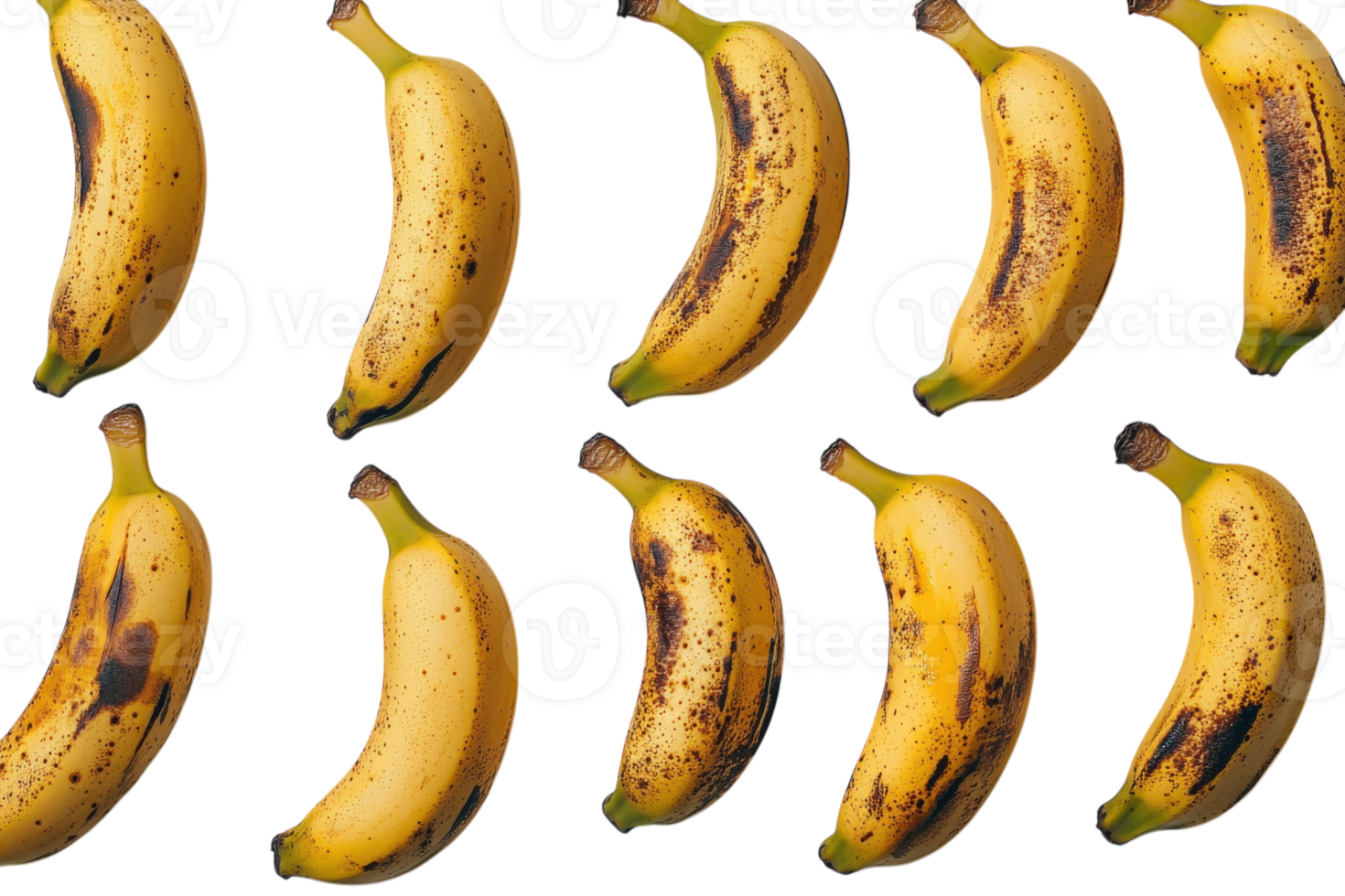 Bananas with brown spots arranged in a grid pattern on a white background png
