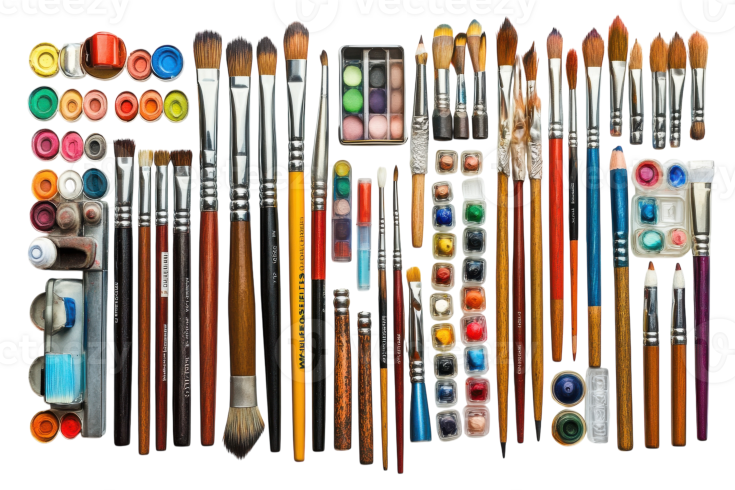 Various art supplies including brushes, paints, and tools arranged on a white background for creative activities png