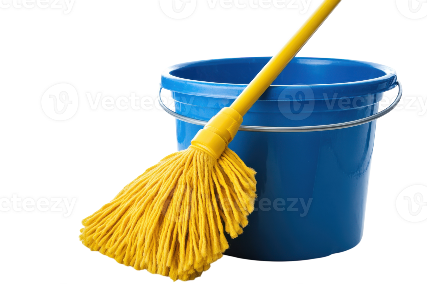 Cleaning supplies include a vibrant yellow mop and a blue bucket for effective floor care and maintenance during daily chores png