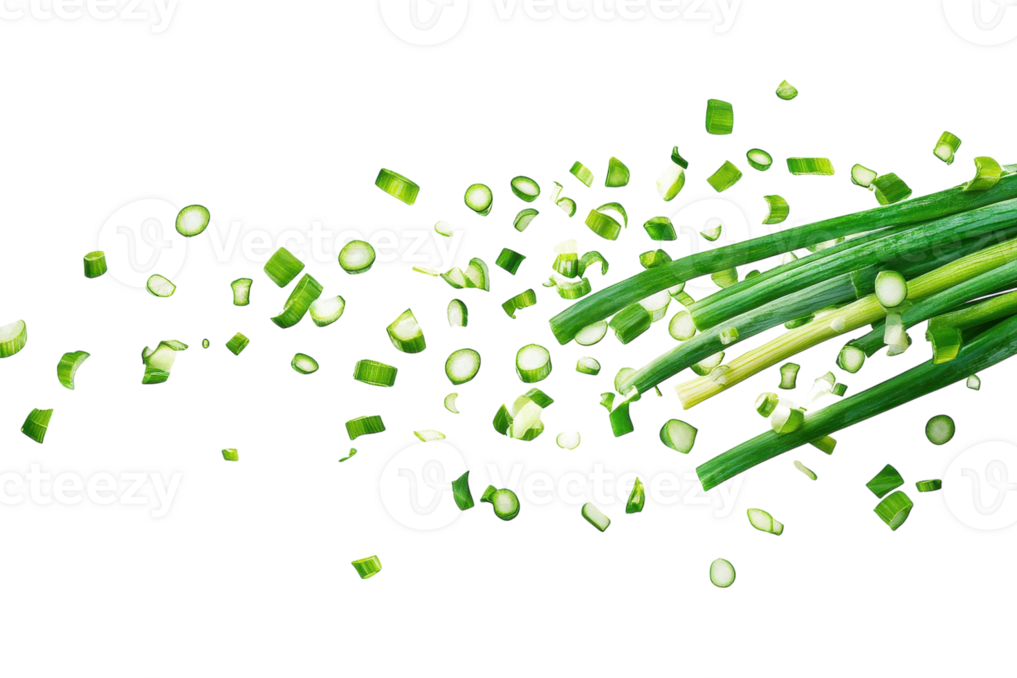 Freshly chopped green onions spread across a white surface showcasing vibrant colors and textures png