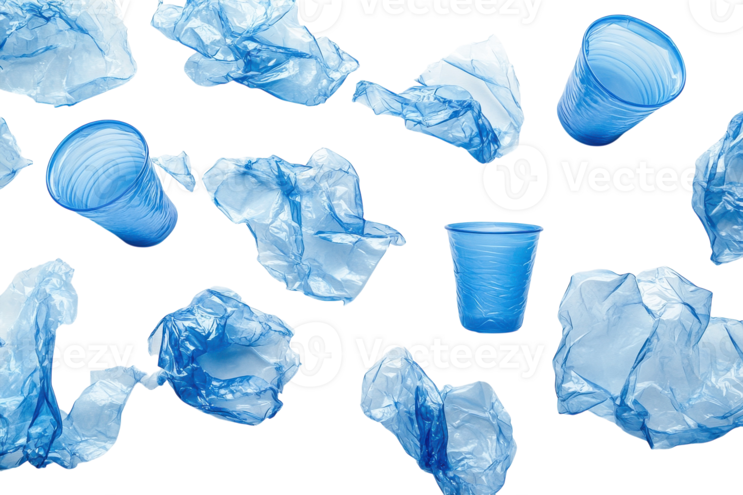 Blue plastic waste scattered across a white background highlighting environmental concerns and recycling efforts png