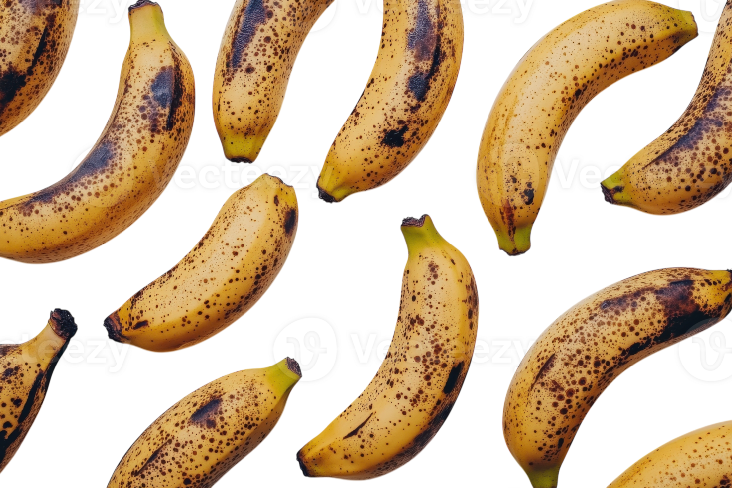 Fresh ripened bananas scattered on a plain white background showcasing their texture and color variations png