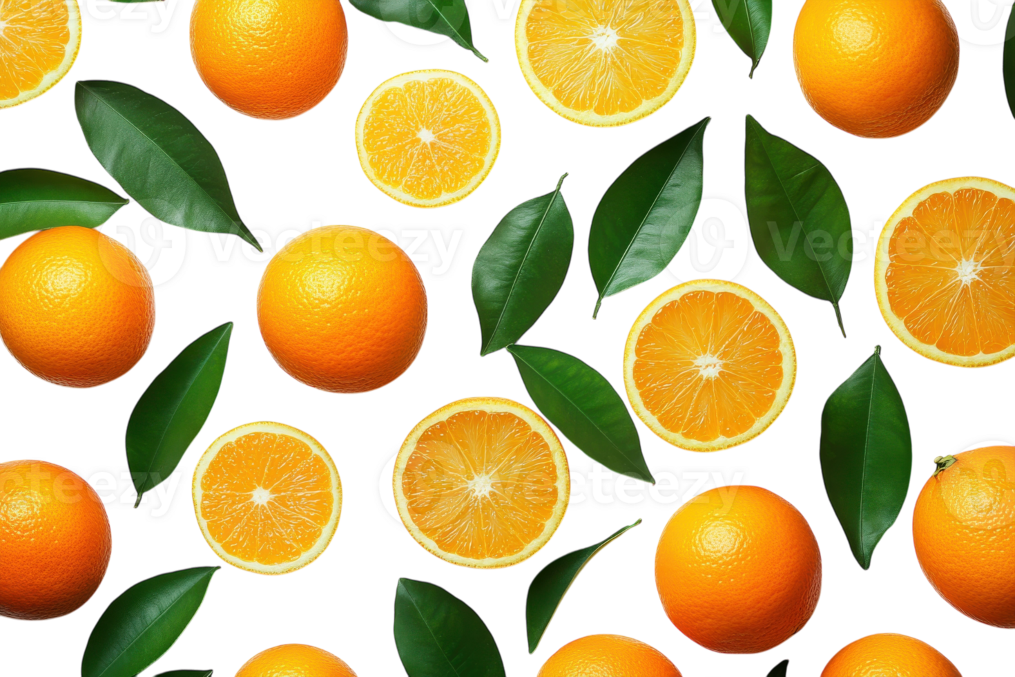 Fresh oranges and citrus slices arranged with green leaves on a white background showcasing vibrant colors and natural beauty png