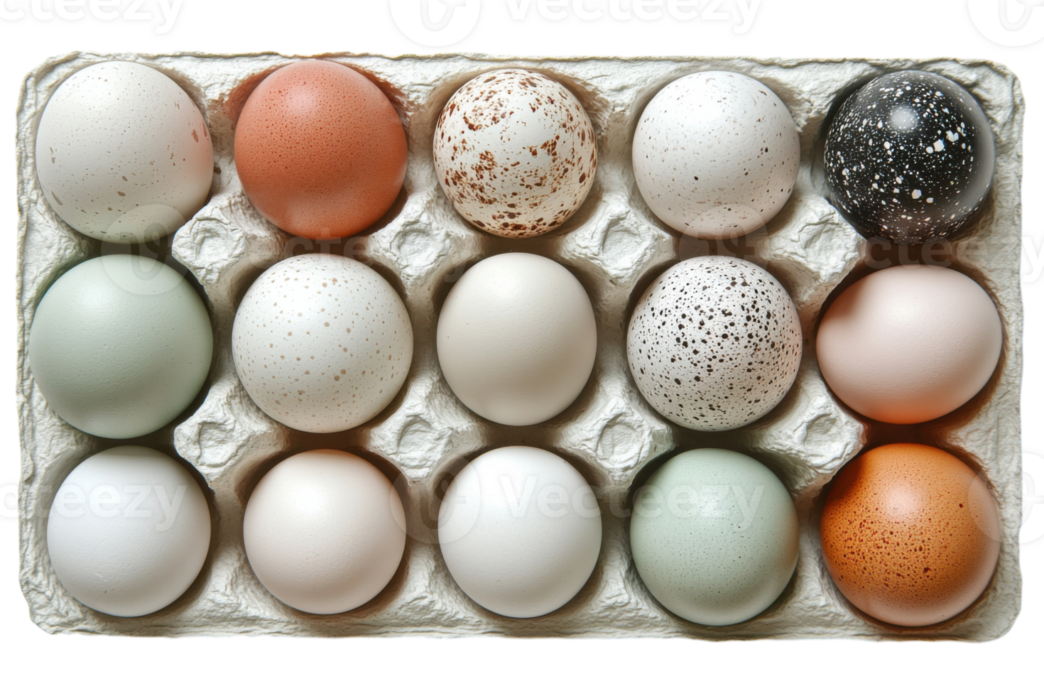 Collection of colorful eggs in a carton showcasing various shades and textures png