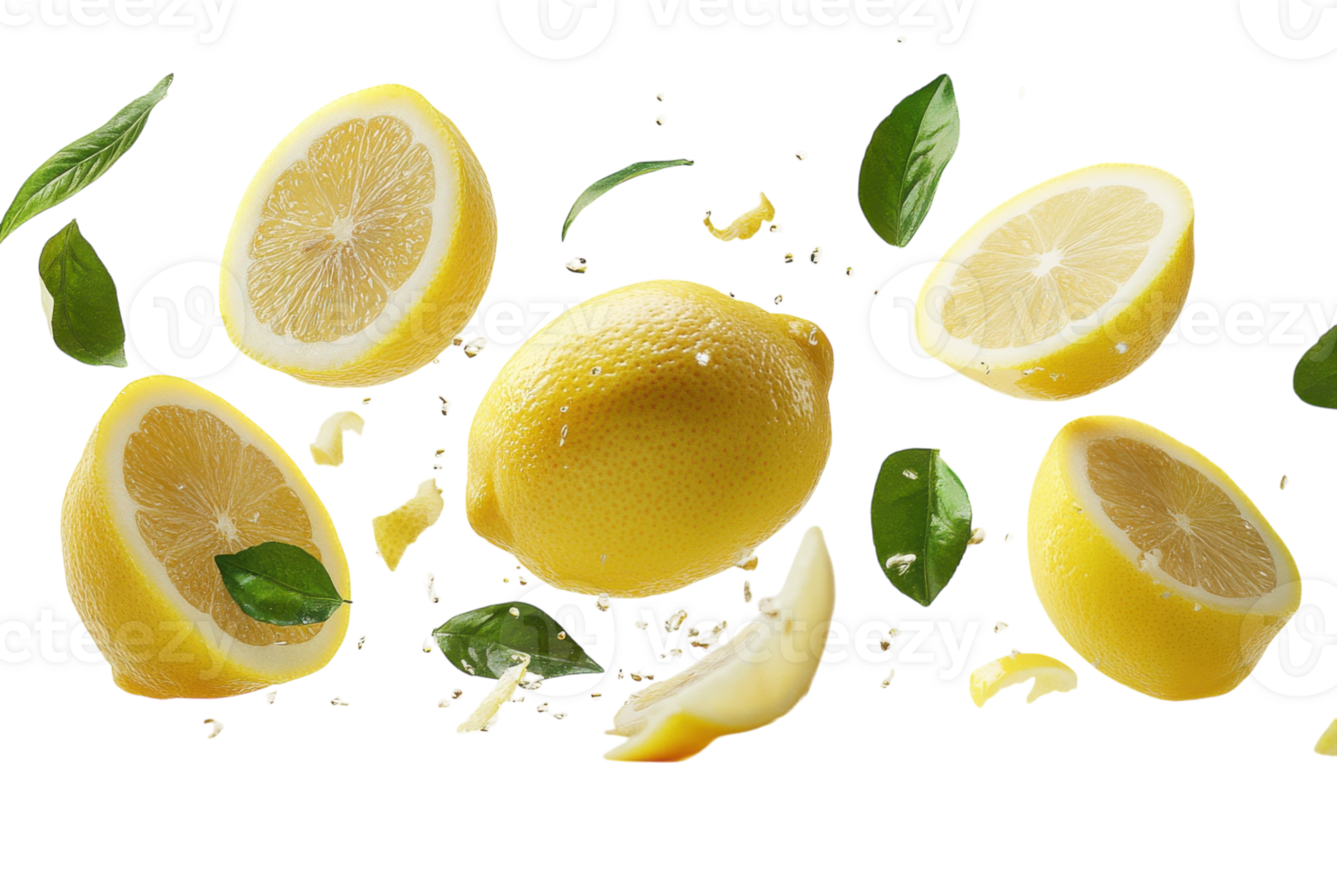 Bright yellow lemons and fresh basil leaves floating in mid-air create a refreshing culinary atmosphere png