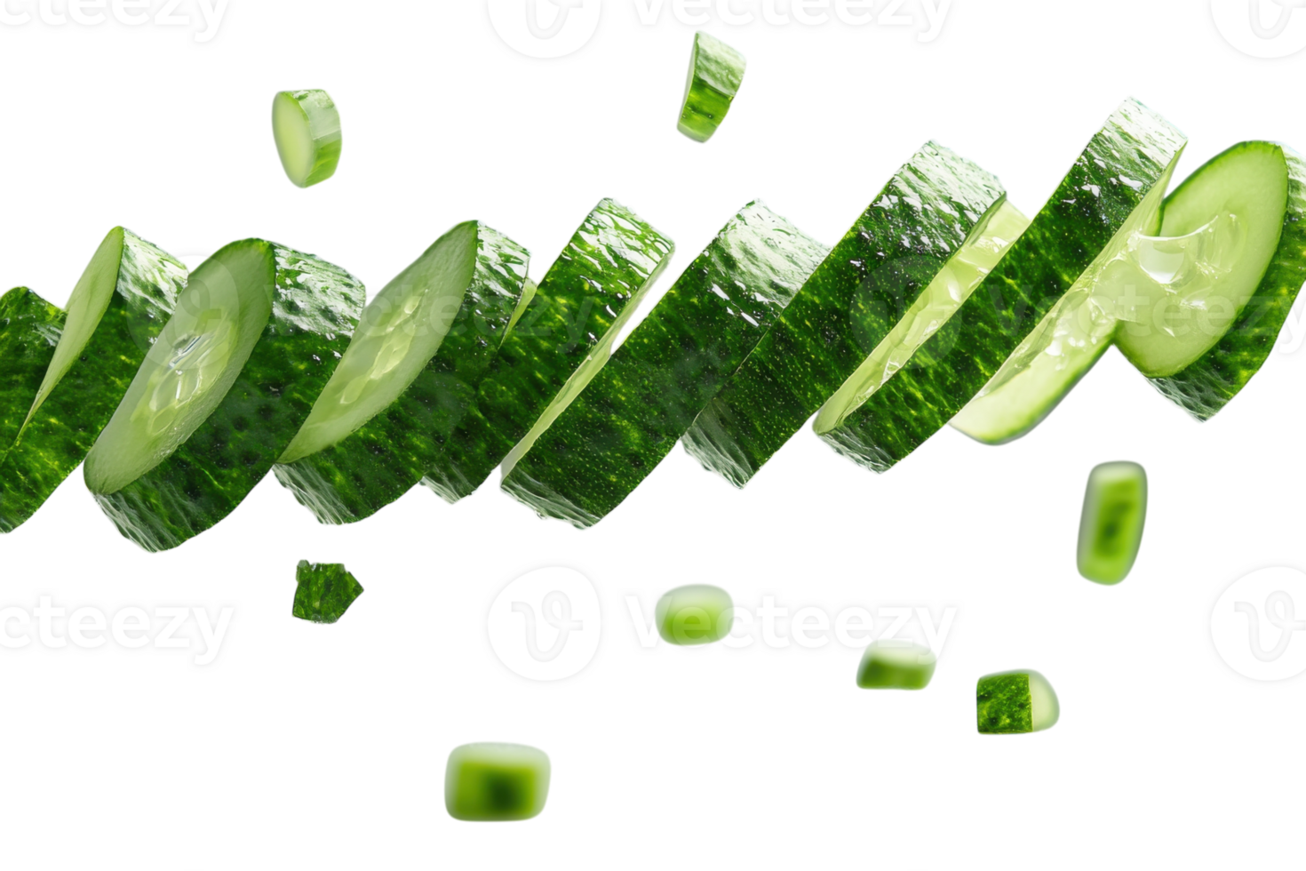 Sliced cucumbers floating in the air against a white background with blurred pieces png