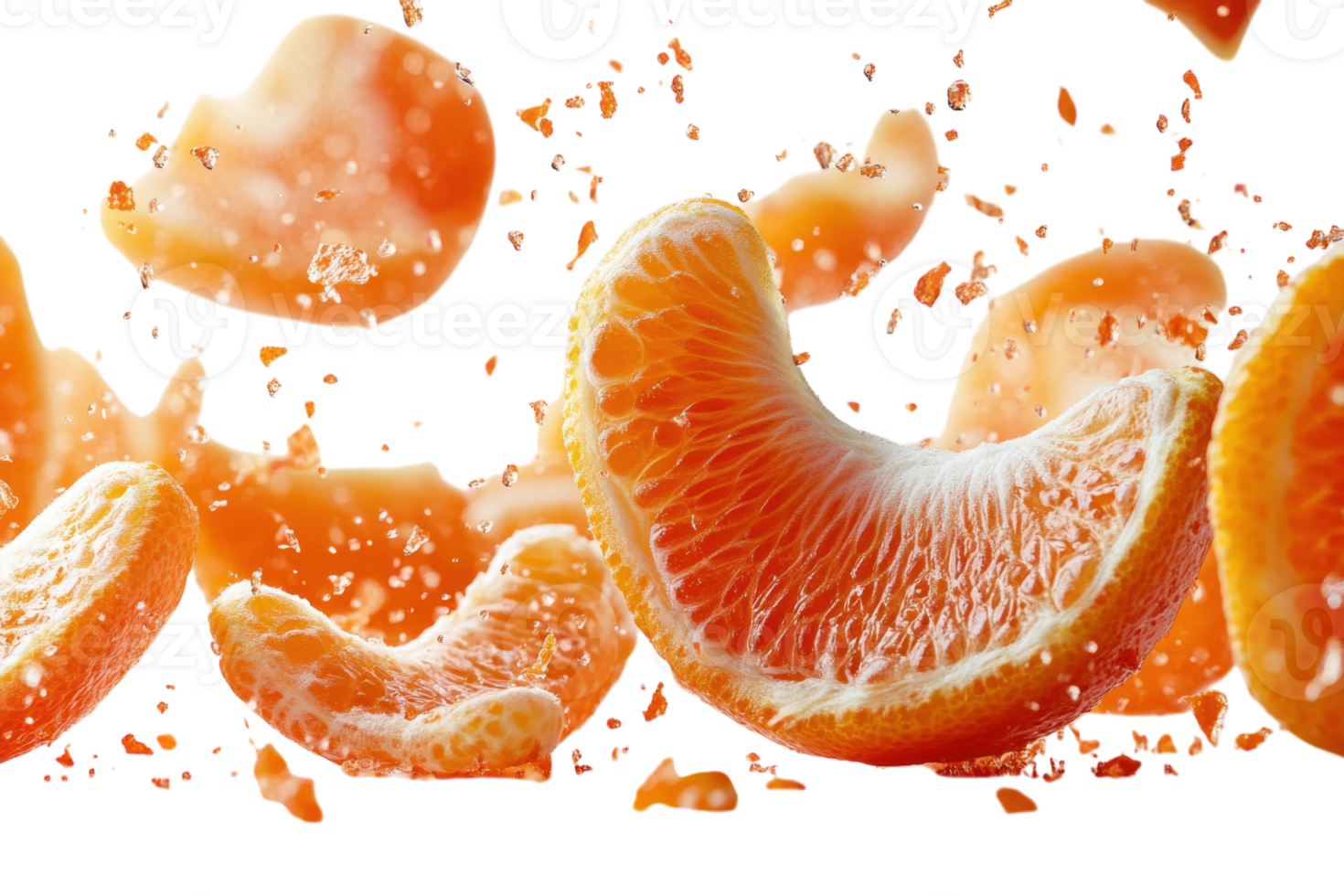 Fresh mandarin segments splashing with droplets in a bright background png