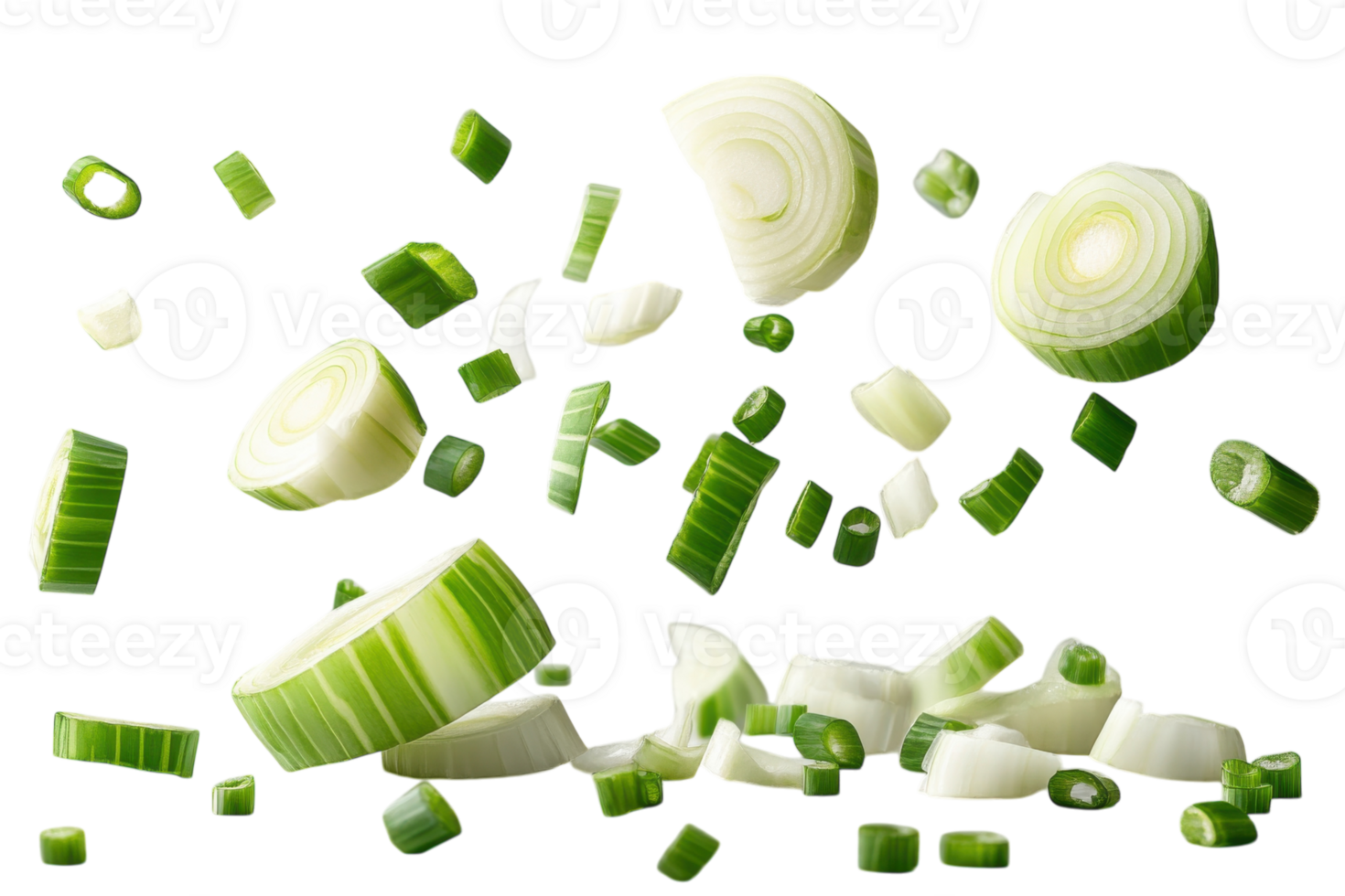 Fresh green onions tossed in the air creating a vibrant culinary display in the kitchen png