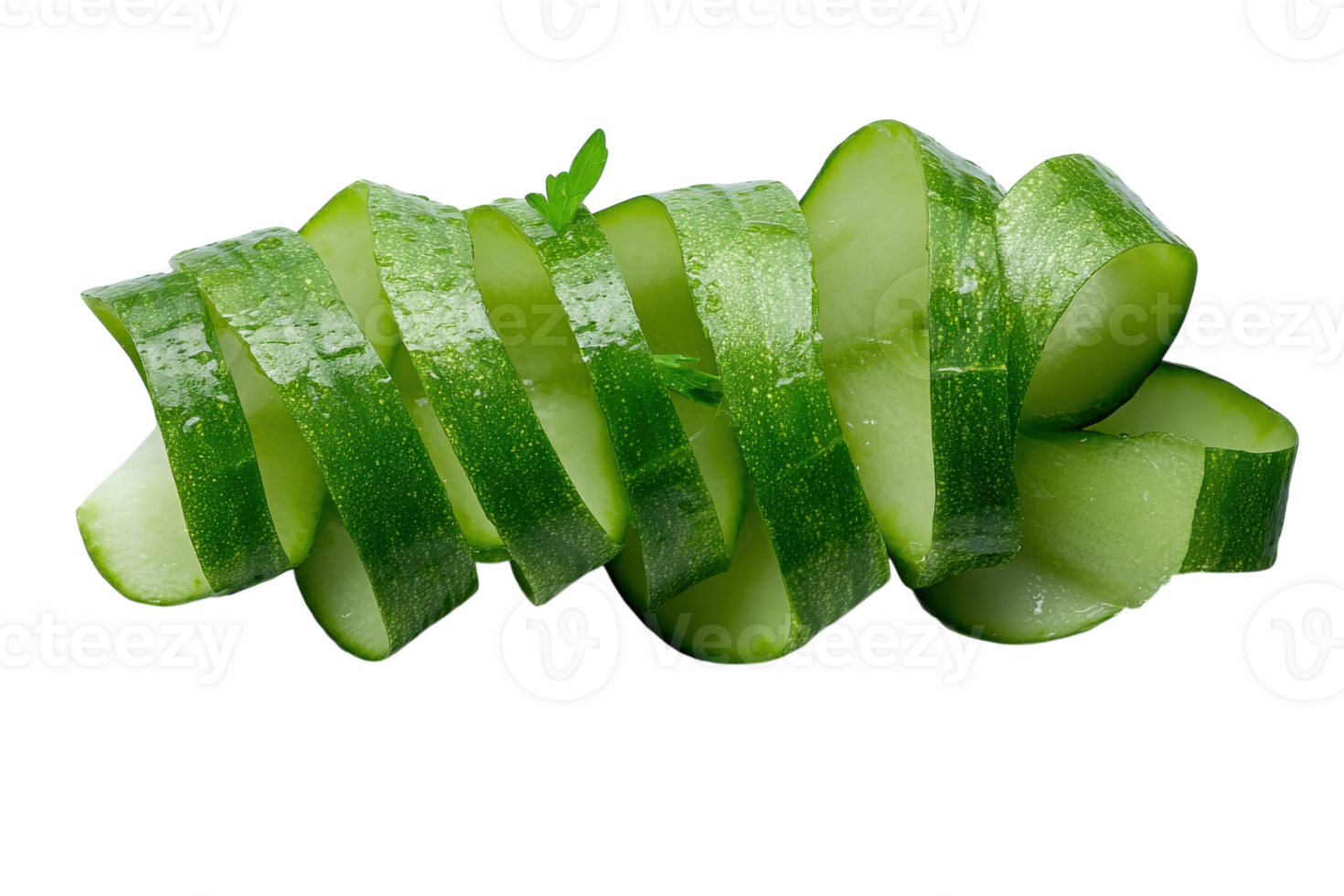 Sliced cucumber arranged in a spiral pattern on a white background for fresh culinary presentation png