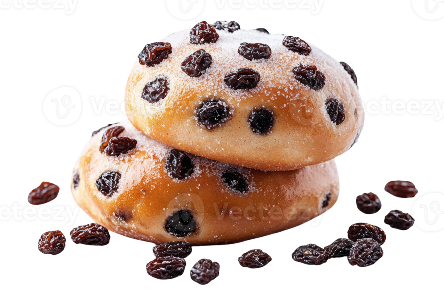 Freshly baked sweet buns with raisins dusted with sugar served on a white background png