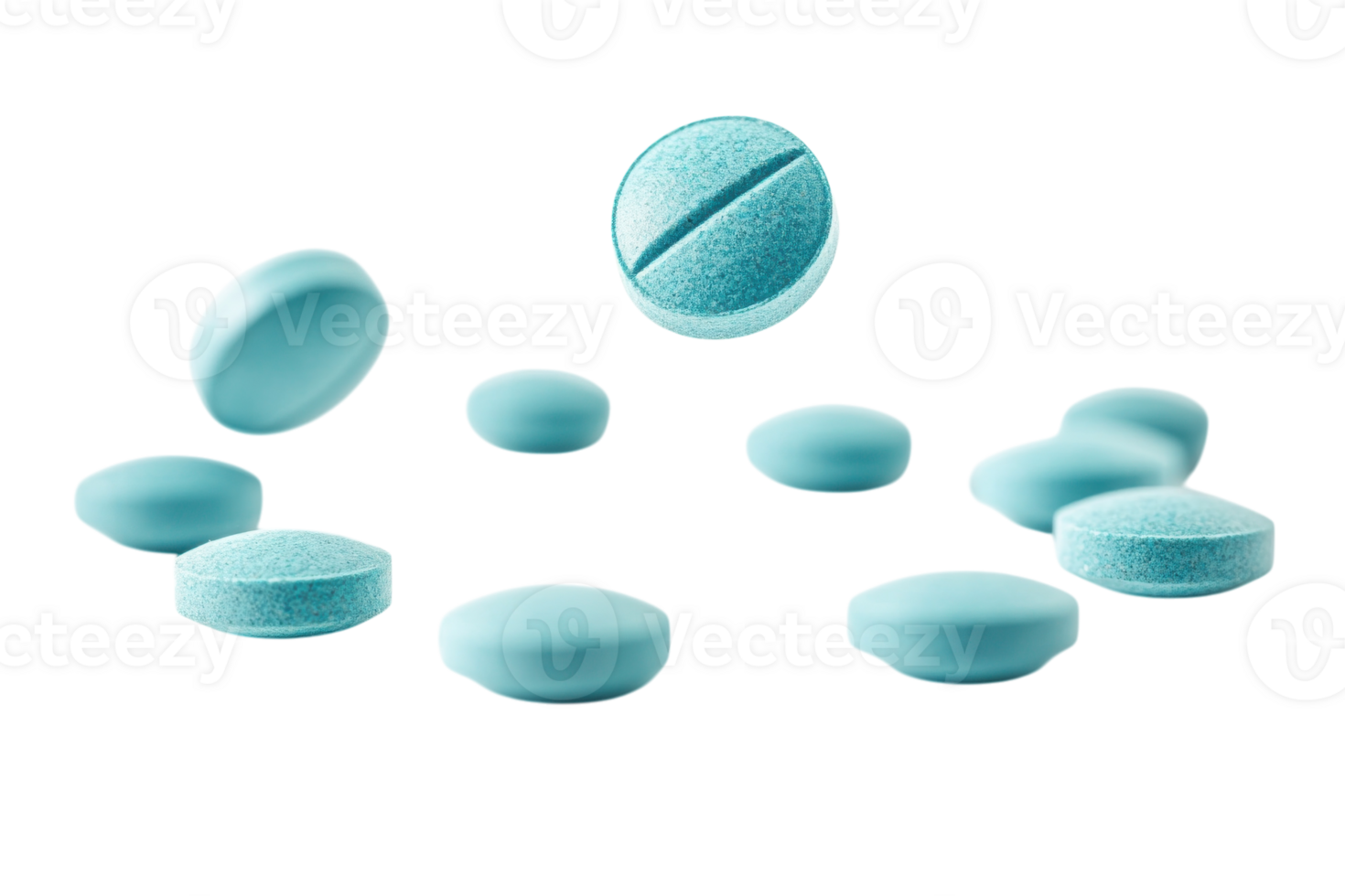 Blue tablets fall gracefully on a white surface, creating a striking visual display of medication png