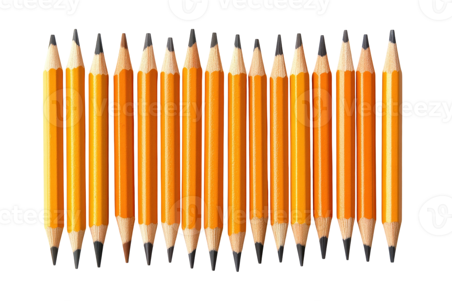Collection of yellow sharpened pencils arranged in a straight line on a white surface for artistic and creative purposes png