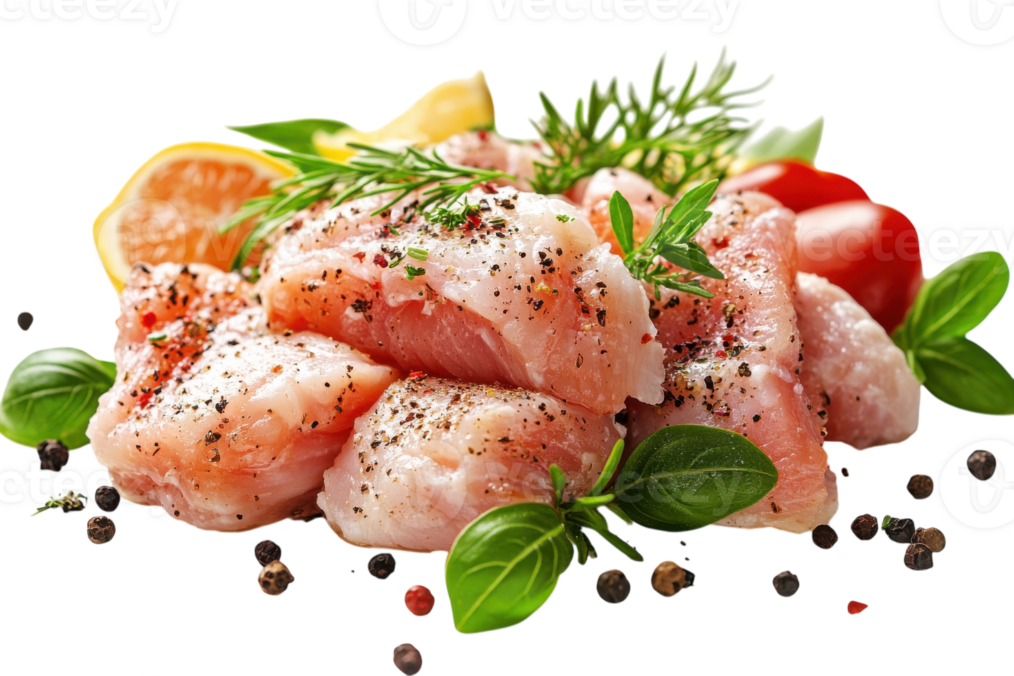 Fresh fish fillets garnished with herbs and spices, ready for preparation and cooking in a kitchen setting png