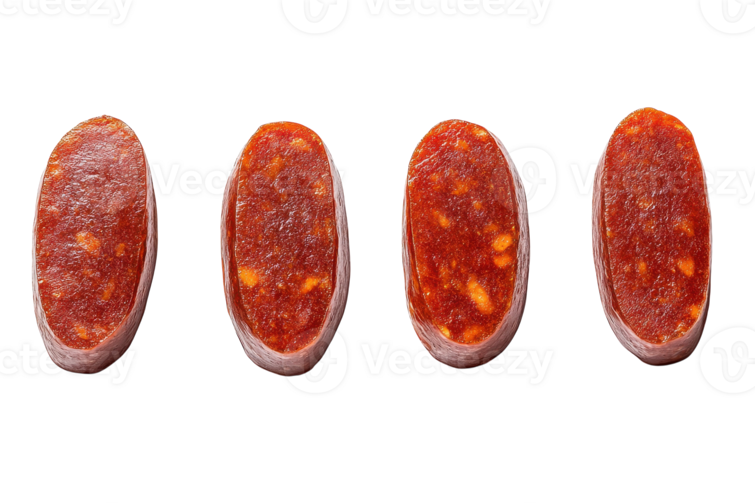 Slices of traditional cured chorizo arranged evenly on a white background for culinary presentation png